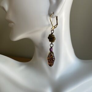 HAND CRAFTED BOHEMIAN PIERCED EARRINGS Czech Glass Green Purple Floral Dangle